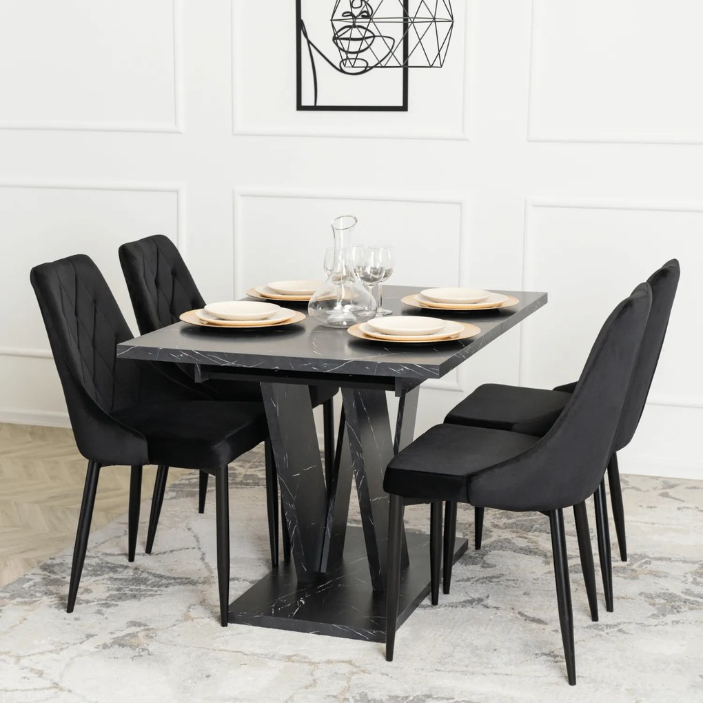 Zestaw Stół Prostokątny Rozkładany CLARK 120-160 cm Czarny Marmur i 4 Krzesła Tapicerowane CORK Czarne Welurowe Loft