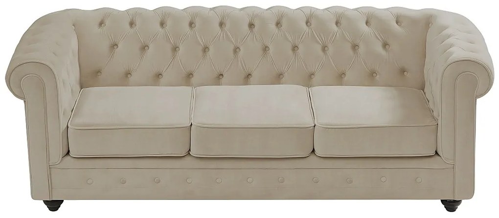 Kanapa 3-osobowa z beżowego weluru - CHESTERFIELD