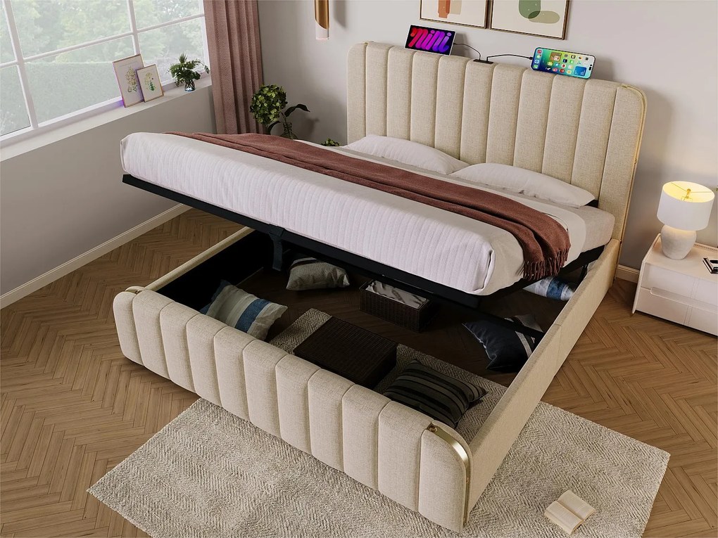Łóżko z pojemnikiem 180x200cm z tkaniny lnianej - z ładowaniem USB i Type-C - ozdobione złotymi paskami - Beżowe