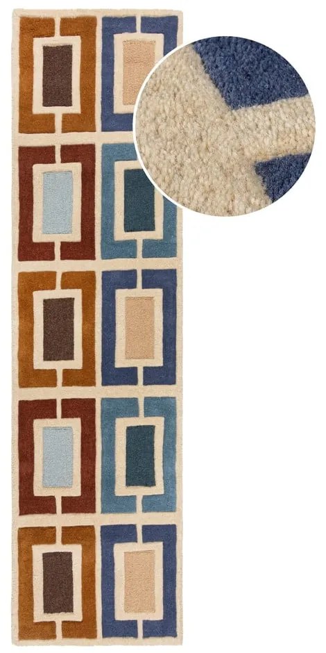 Niebiesko-pomarańczowy wełniany chodnik tkany ręcznie 60x230 cm Retro Blocks – Flair Rugs