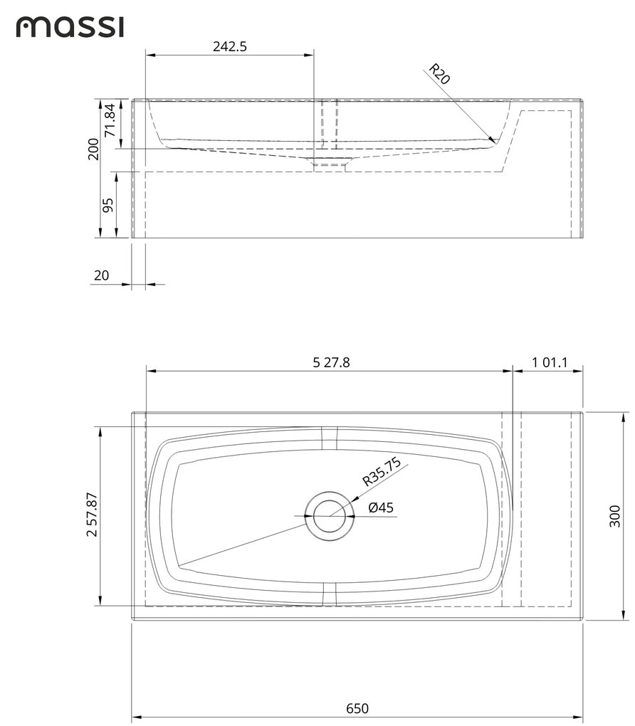 Umywalka betonowa wisząca / nablatowa prostokątna bez otworu na baterię 65 x 30 cm z półką ZALM | różne kolory : Kolor - Cappuccino, Typ montażu - podwieszana