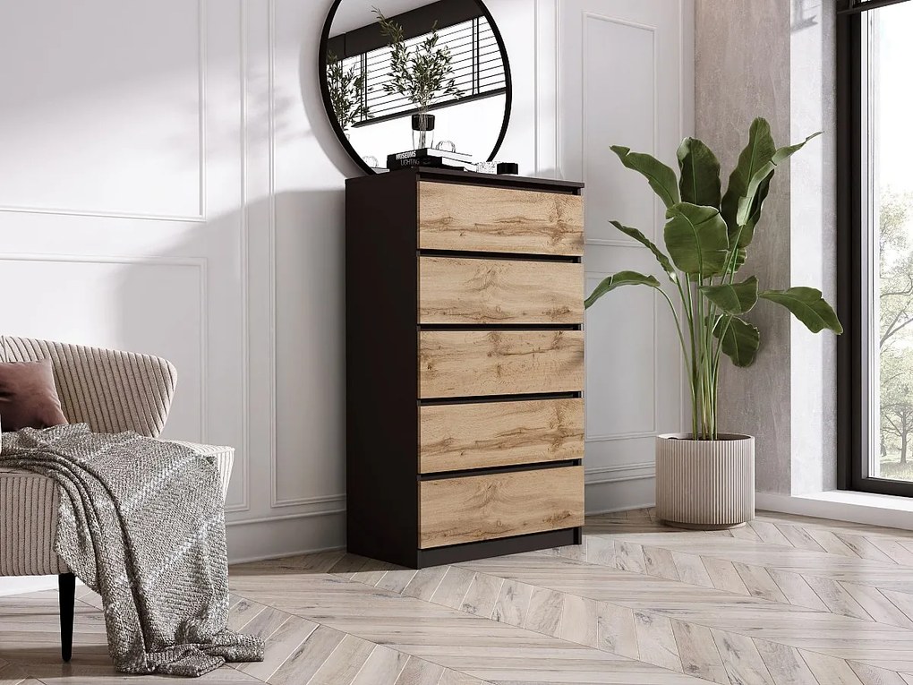 Komoda z 5 szufladami, Czarny Matowy / Dąb Wotan, 70 x 39 x 125 cm