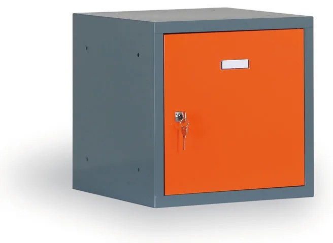 Szafka ubraniowa S6 z schowkami zamykanymi 300 x 300 x 300 mm, zamek cylindryczny, ciemnoszary, drzwi pomarańczowe