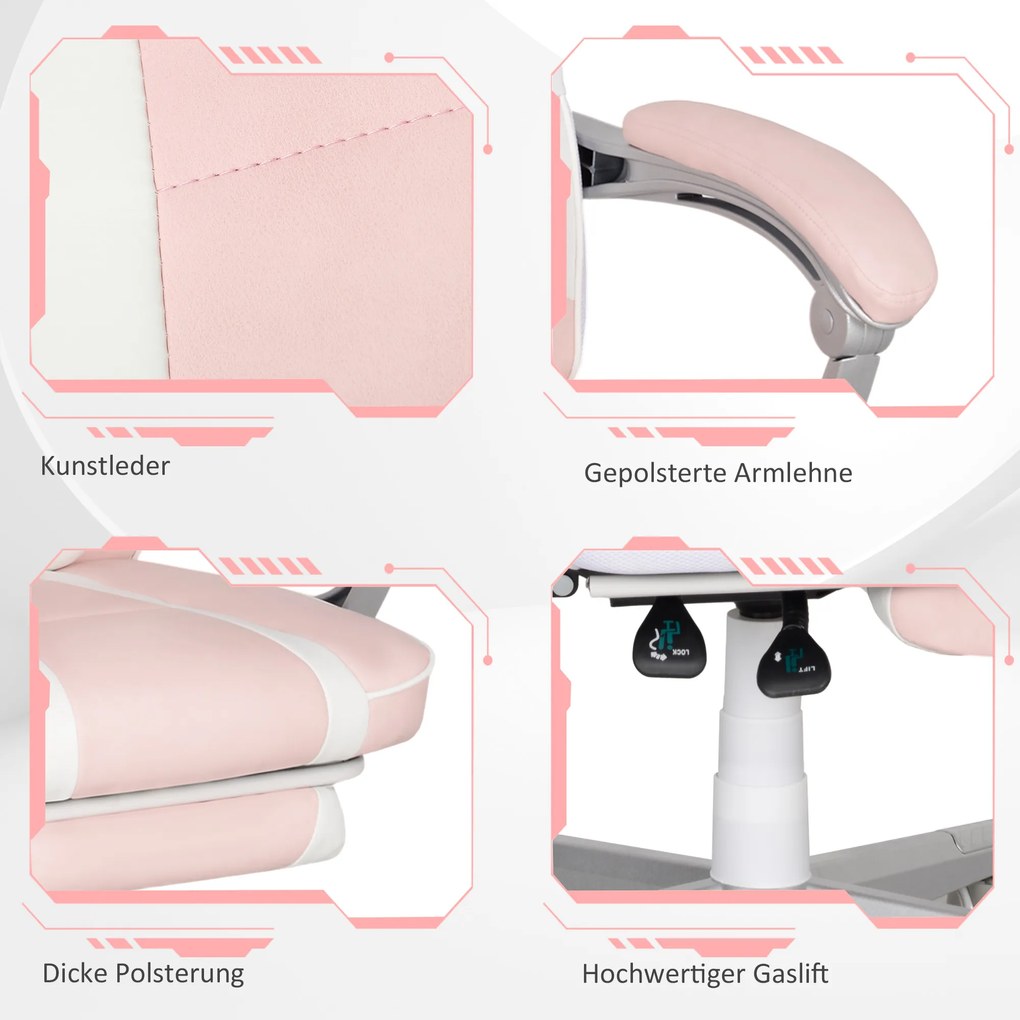 HOMCOM Fotel gamingowy z podnóżkiem, poduszkami na głowę &amp; lędźwie, obrotowy, regulowana wysokość, Różowy