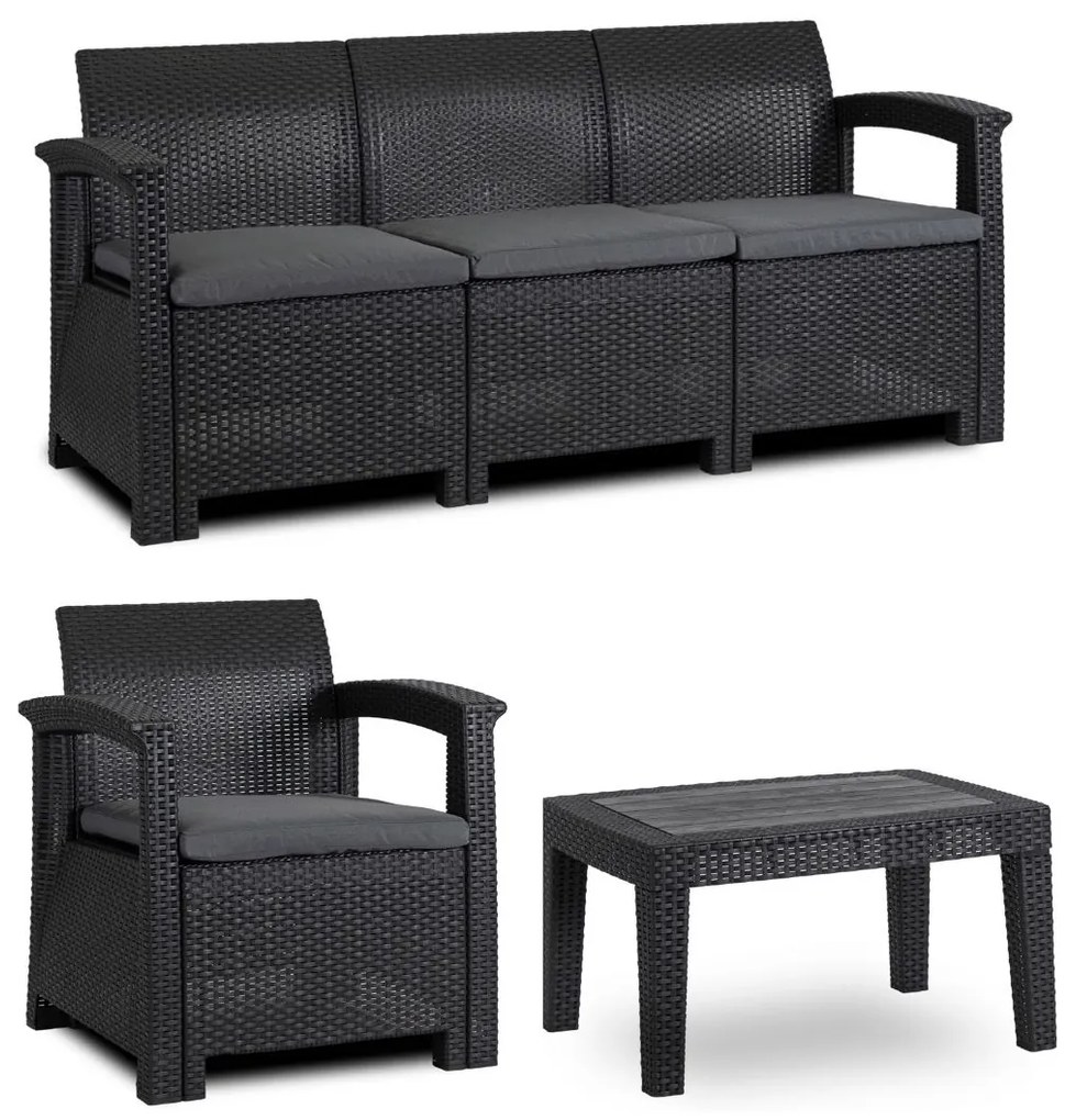 Zestaw mebli na taras Brandon - sofa, 2 fotele i stolik kawowy, czarny/ciemnoszary