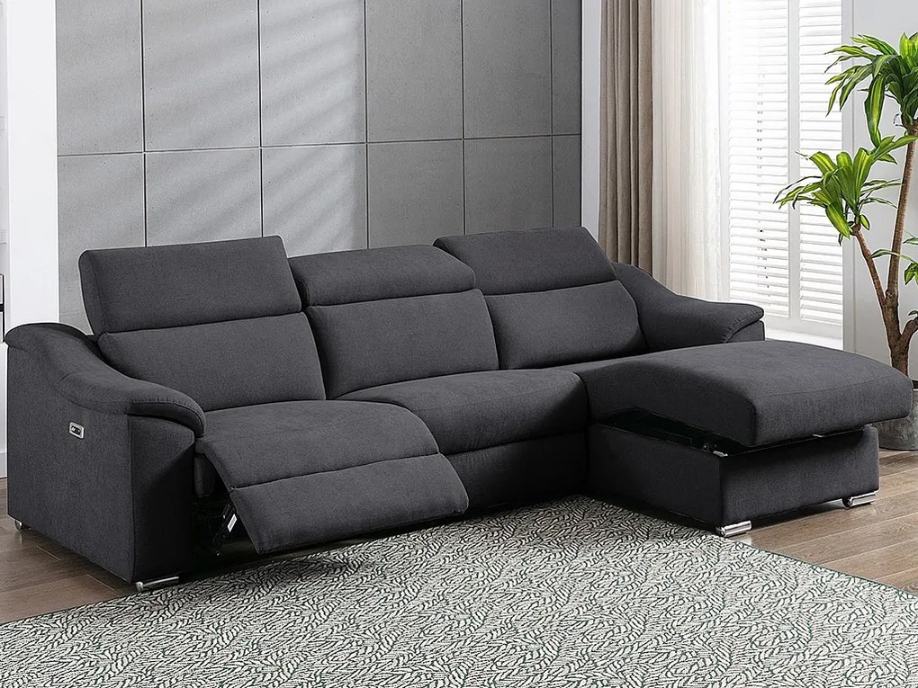 Kanapa narożna PEDRERA z elektryczną funkcją relax z tkaniny w kolorze antracytowym – prawoskrętna