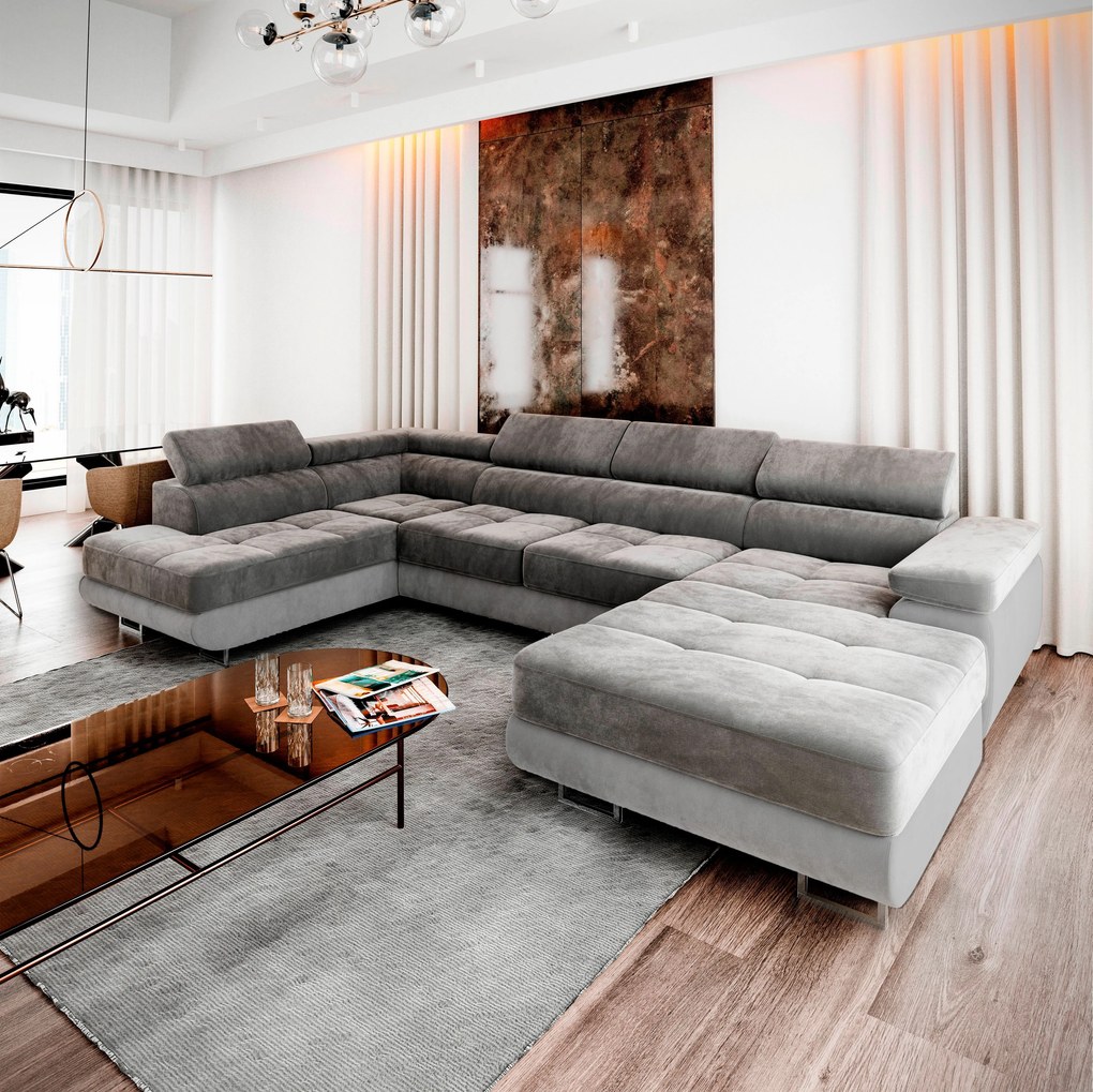 Masseno Narożnik CASONE z funkcją spania i pojemnikiem na pościel, Rozkładana sofa - Szary, MONOLITH 85 + MONOLITH 84