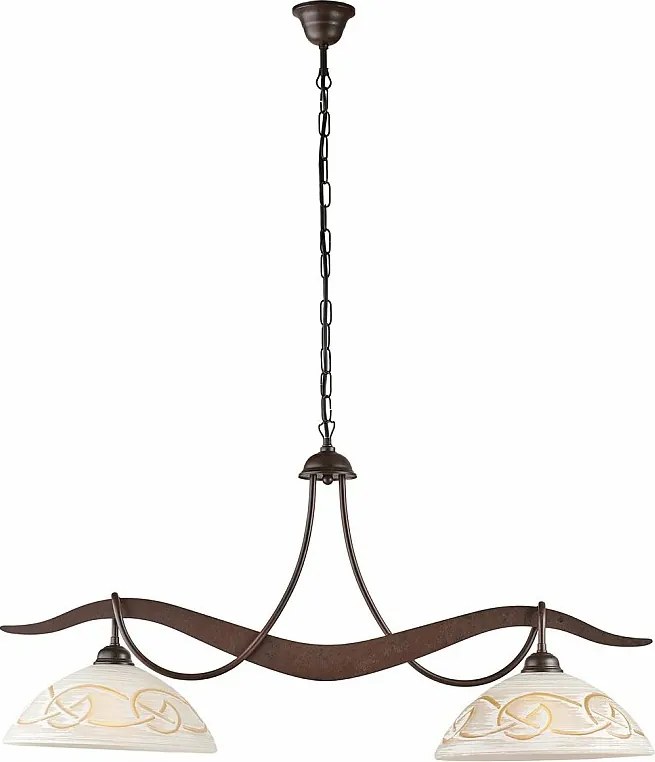 Bilbao – żyrandol z czarnego lakierowanego żelaza, dekor imitujący rdzę, białe i bursztynowe klosze szklane Ø30 cm, 2 światła, 89x30 cm