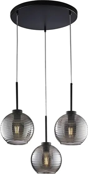 Lampa wisząca Ankara z czarnego lakierowanego żelaza, regulowane kable, klosze z lustrzanego szarego szkła dmuchanego z wypukłymi paskami, 3 światła