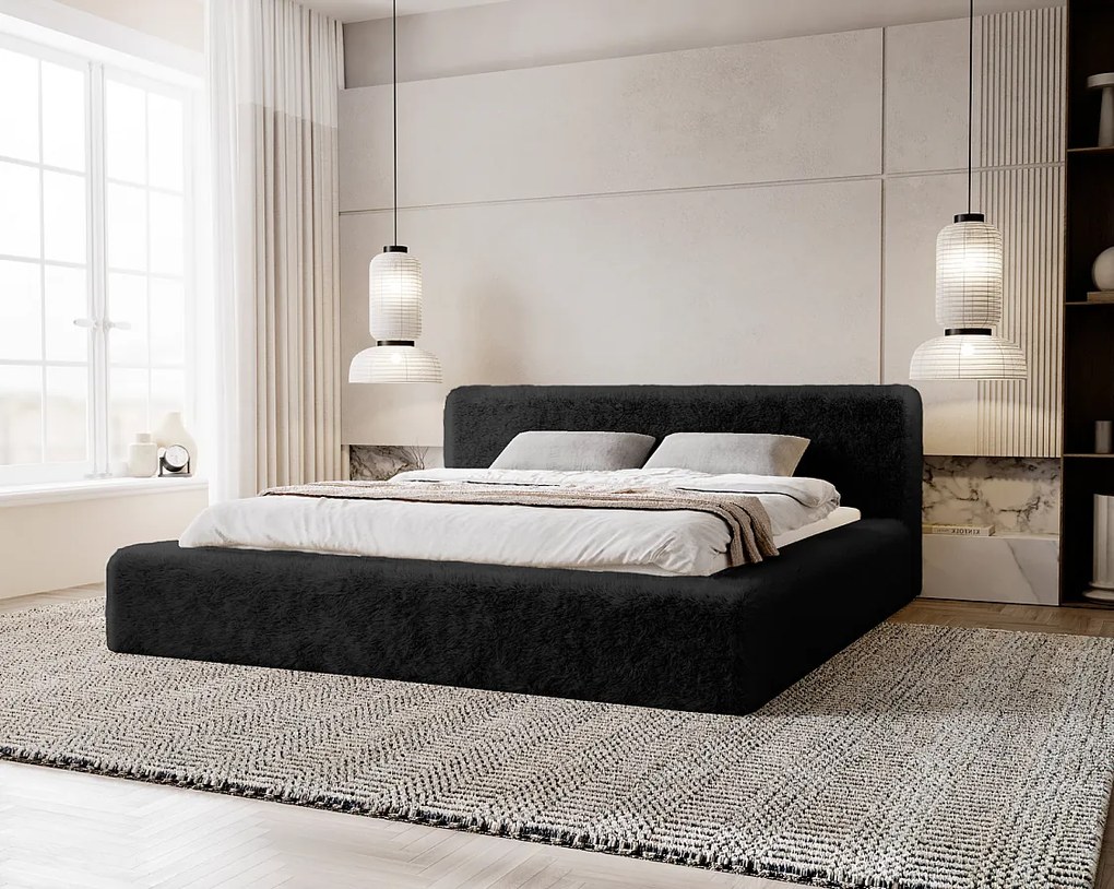 Emporius Alros łóżko tapicerowane 180x200 cm - tkanina futerkowa, łóżko dwuosobowe z pojemnikiem, czarny (Lapit 19)