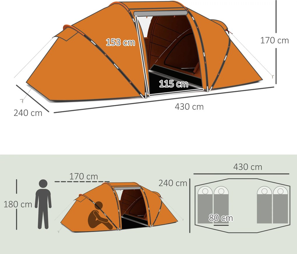 Outsunny Namiot tunelowy dla 4-6 osób, namiot kempingowy z drzwiami, podłogą, wodoodporny 2000 mm, pomarańczowy | Aosom PL