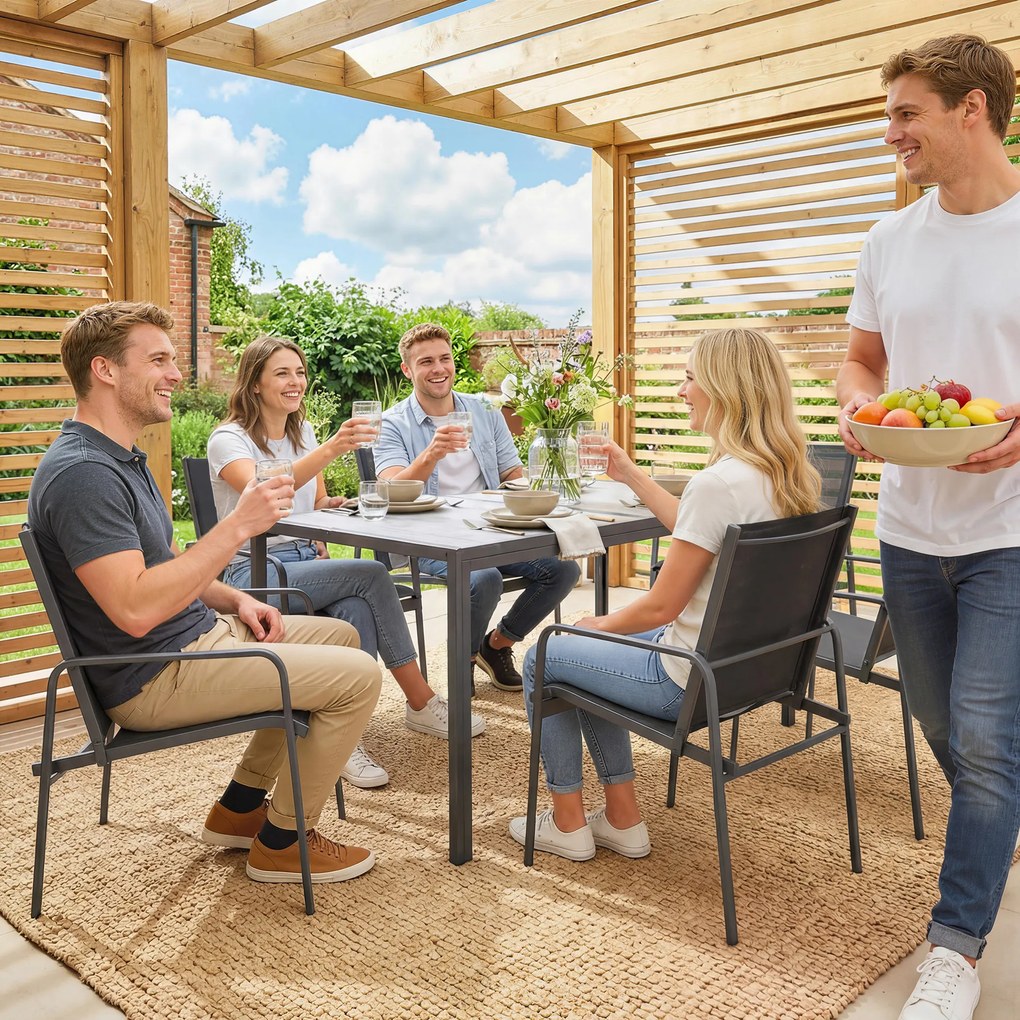Outsunny Zestaw mebli ogrodowych komplet wypoczynkowy 150 x 80 cm stół z 6 oddychającymi krzesłami wygląd drewna stalowy stelaż Czarny | Aosom PL