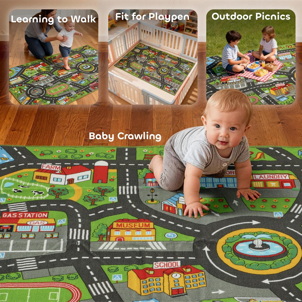 AIYAPLAY Mata do raczkowania, mata do zabawy 160x100x0,5cm, antypoślizgowa mata z motywem miasta do pokoju dziecięcego | Aosom PL