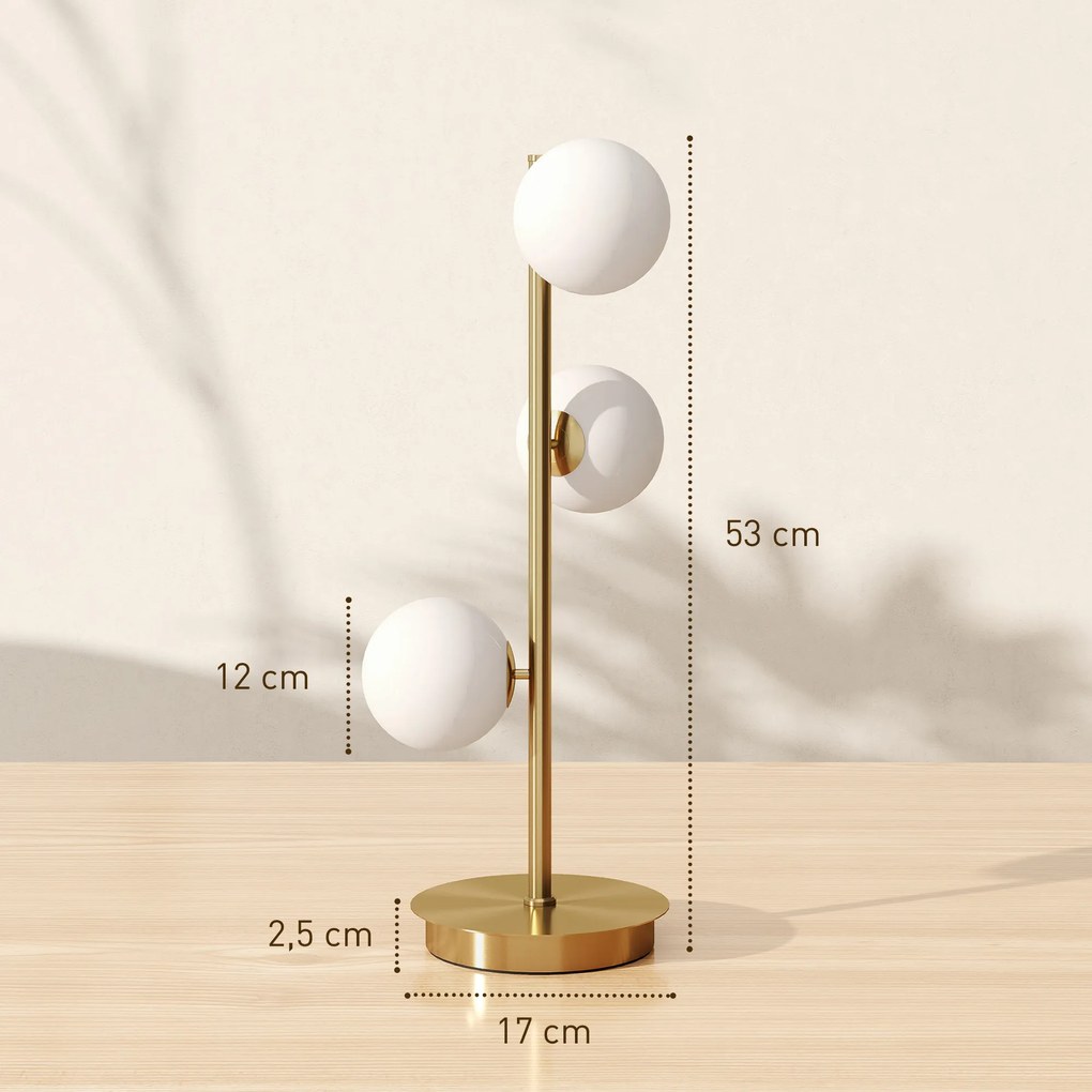 HOMCOM Lampa stołowa z 3 kulistymi kloszami, z solidną stalową podstawą, oprawki G9, 24 x 24 x 53 cm, mosiężny
