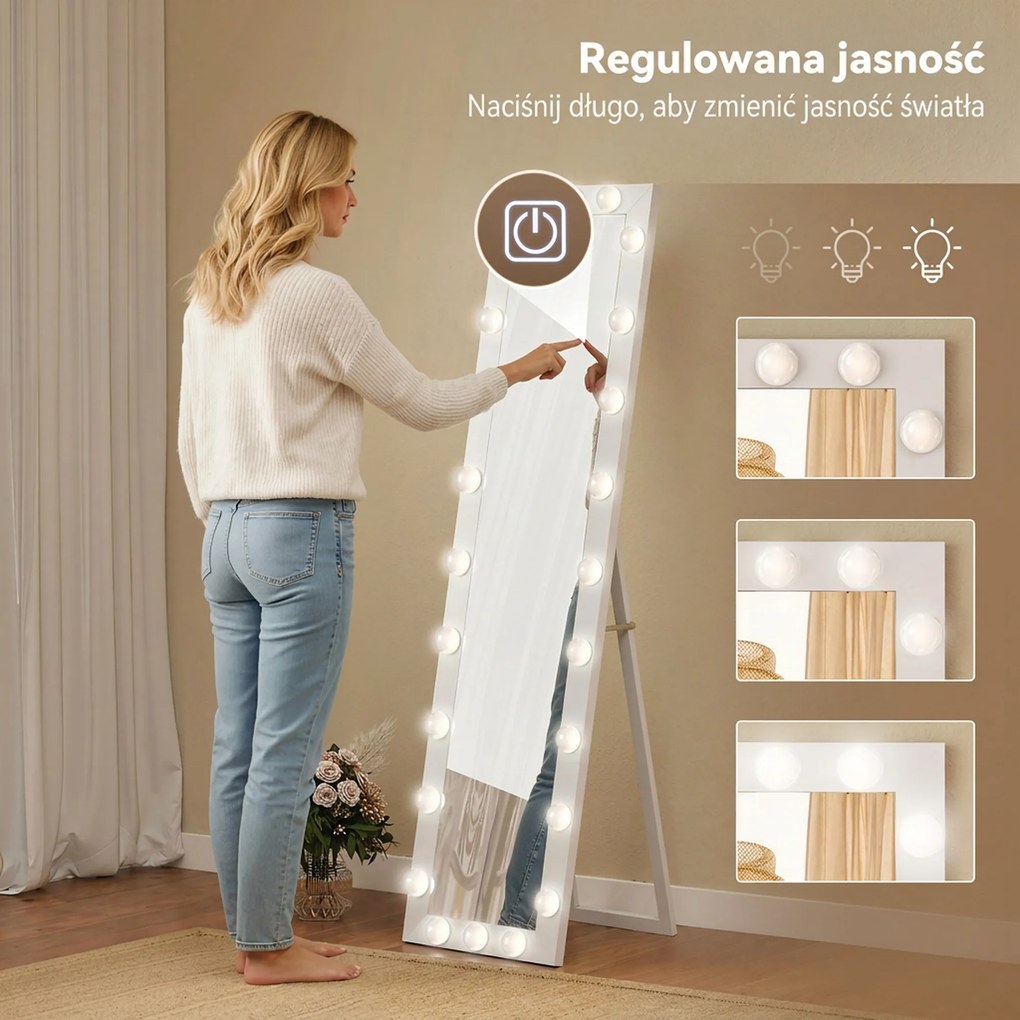 HOMCOM Lustro całopostaci 150x40 cm Lustro LED z 24 żarówkami 3 barwy światła, wolnostojące, do oparcia lub montażu na ścianie Biały | Aosom PL