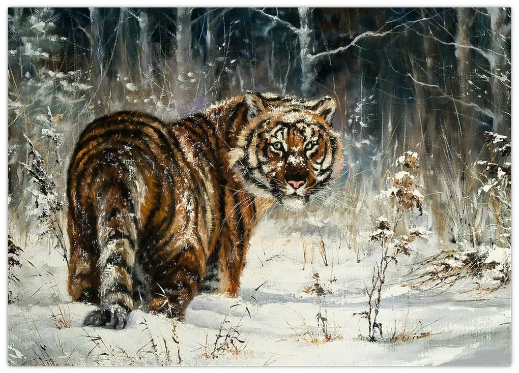 Obraz - Tygrys w zaśnieżonym lesie, obraz olejny (70x50 cm)