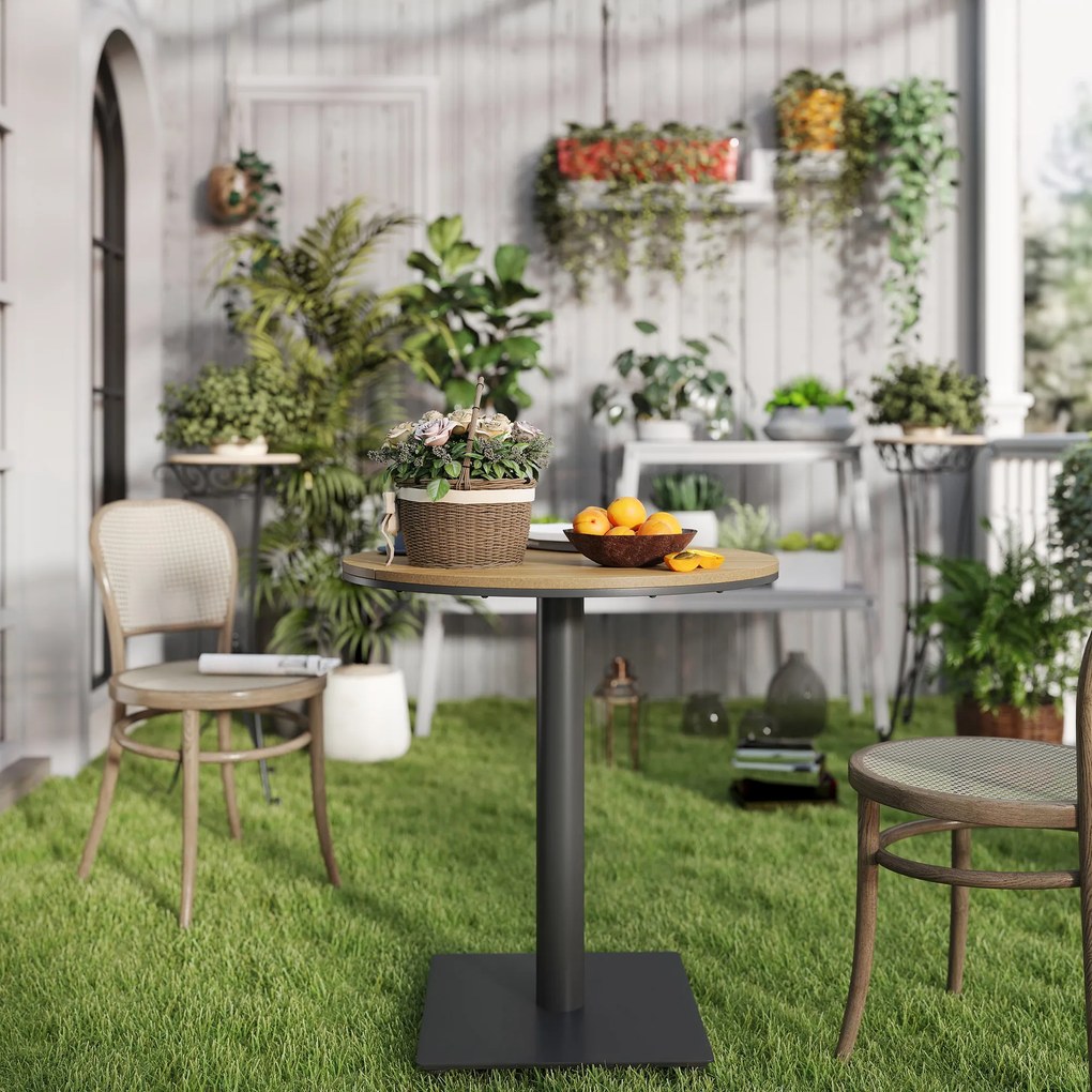 Outsunny Stół Ogrodowy Ø70 cm, Odporny na Warunki Atmosferyczne, Okrągły Balkonowy z Lamelami, Stalowy Ø70 x 74H cm, Drewno Naturalne