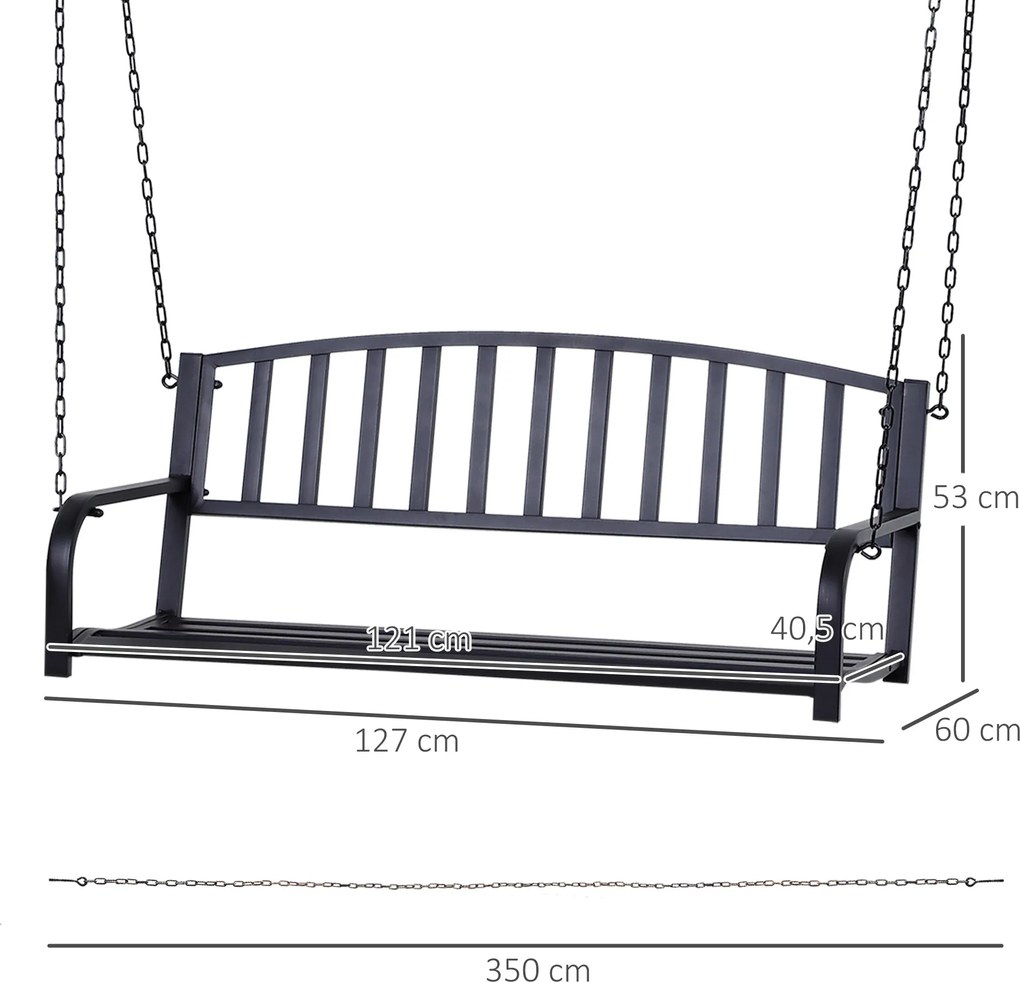 Outsunny ławka wisząca 2osobowa huśtawka ogrodowa z dachem i łańcuchami metalowa czarna 127 x 60 x 53 cm | Aosom PL