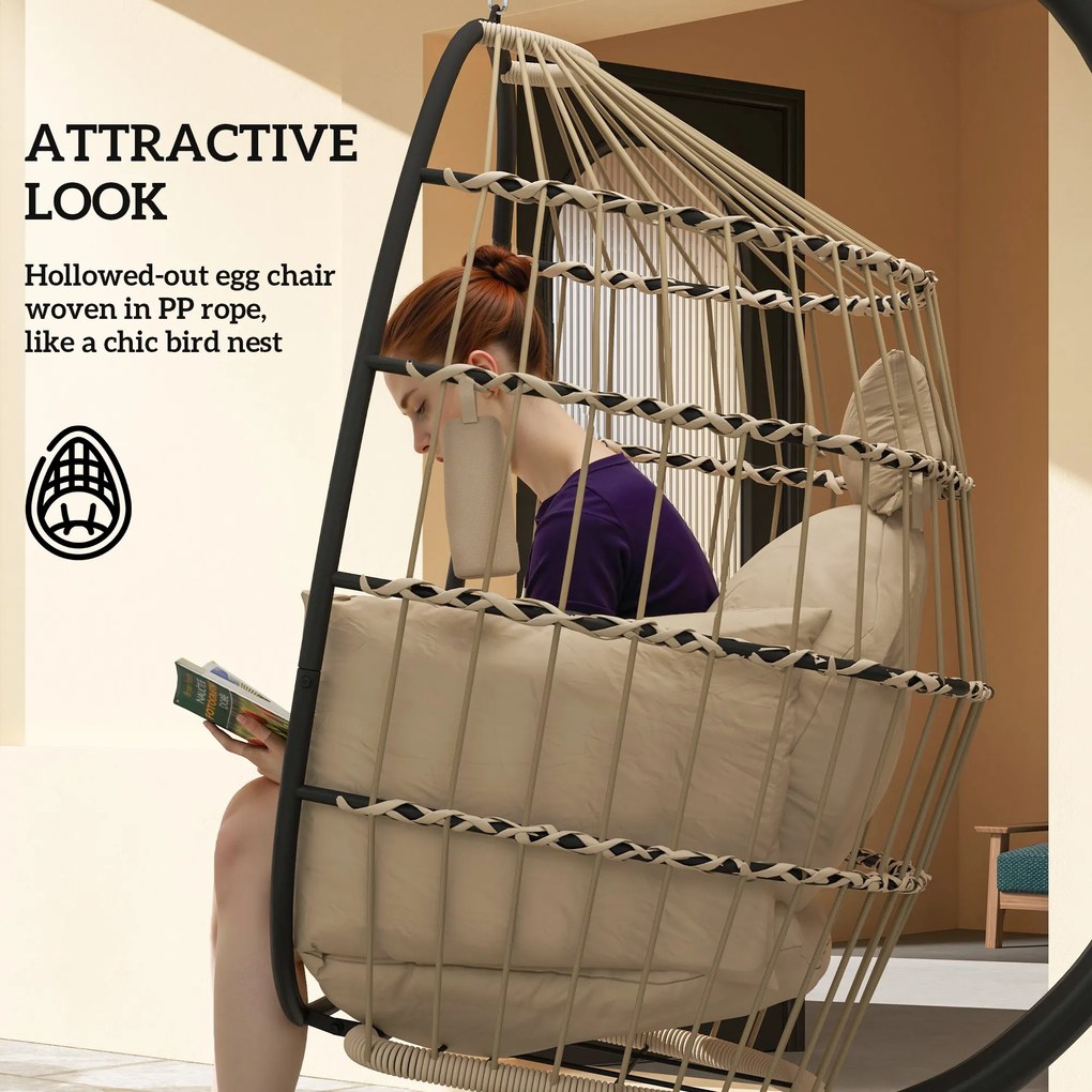 Outsunny Wiszący fotel bujany na zewnątrz ze składanym koszem i grubymi poduszkami, stojak, poduszka pod głowę, uchwyt na kubek, Khaki | Aosom PL