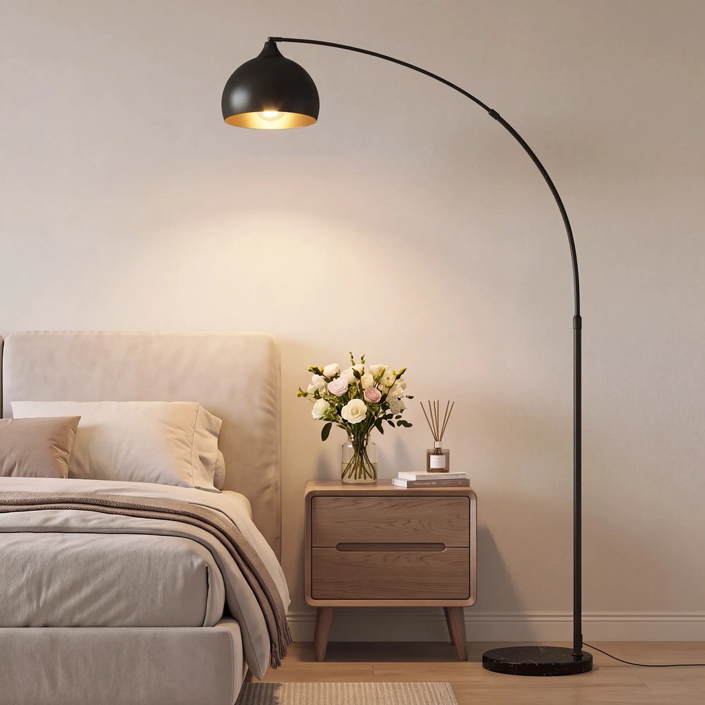 HOMCOM Lampa łukowa, lampa stojąca, regulowana wysokość, włącznik nożny, podstawa w wyglądzie marmuru, 170-180cm, czarna | Aosom PL