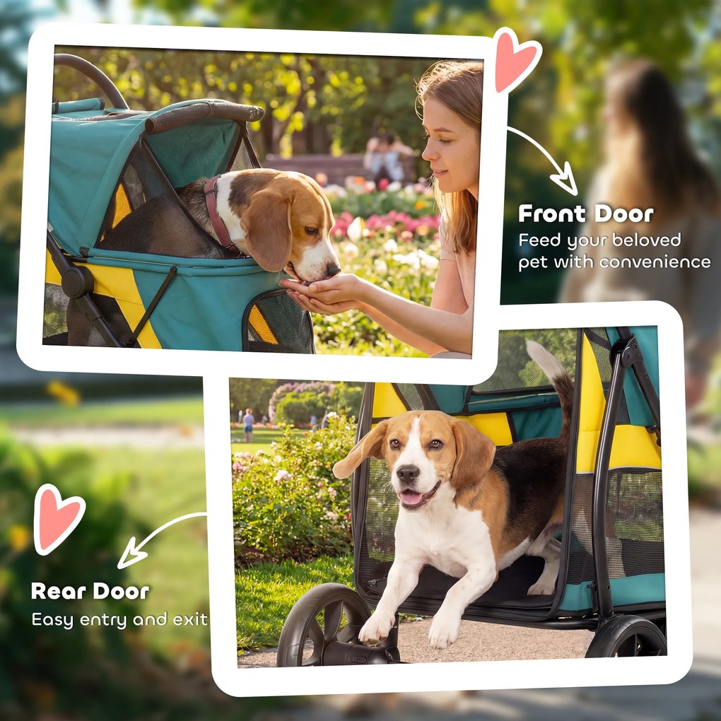 PawHut Składany wózek dla psa do 20 kg z poduszką, oknami z siatki, kieszenią tylną, 92 x 63 x 95 cm, ciemnozielony | Aosom PL