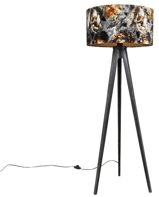 Lampa podłogowa trójnóg czarna z abażurem w kwiaty 50 cm - Tripod Classic klasyczny/Antyczny Oswietlenie wewnetrzne