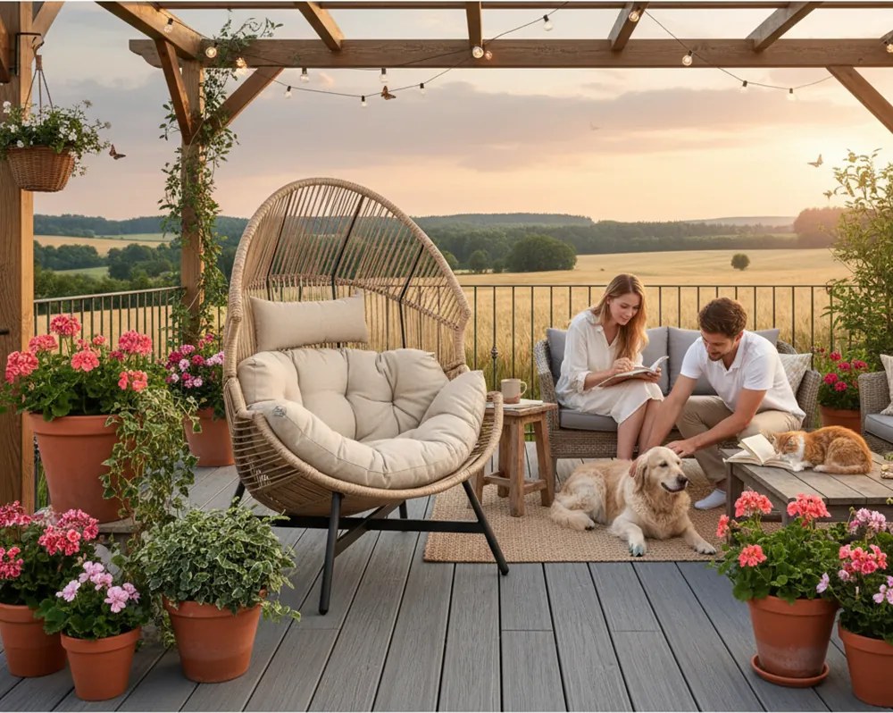 Fotel HOLAND Ogrodowy z Poduszką Rattanowy Stalowy 142 cm BEŻOWY