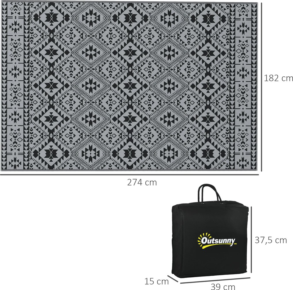 Outsunny Dywan zewnętrzny odwracalny, wodoodporny, geometryczny, 182x274cm, Czarny/Szary