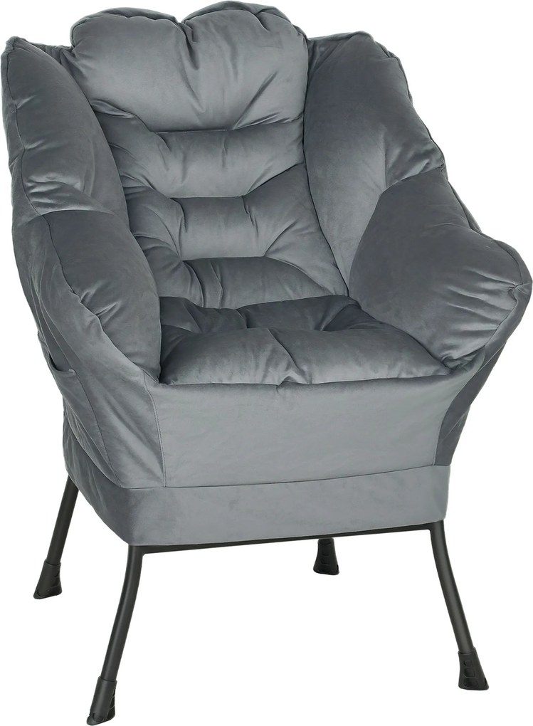 HOMCOM Nowoczesny Fotel Akcentowy, Pufa z Stalowymi Nogami i Bocznymi Kieszonkami, do Salonu, Sypialni, Szary
