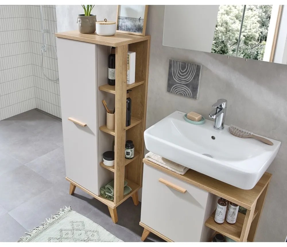 Kremowa wysoka szafka łazienkowa w dekorze dębu 50,5x128 cm Quickset 966 – Pelipal
