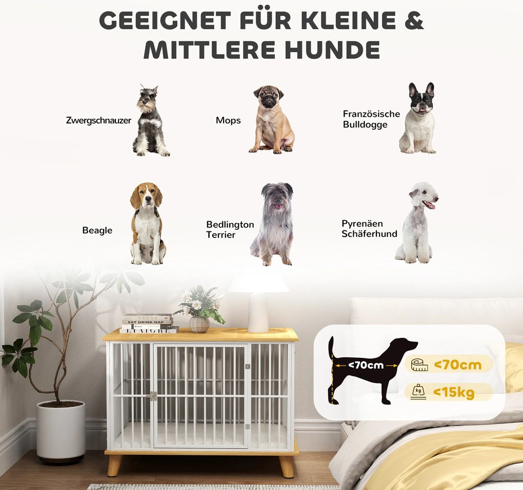 PawHut Klatka dla psa z drzwiami z zamkiem, zdejmowana poduszka, dobra wentylacja, Stal, 86x60x70 cm, Biały+Dąb