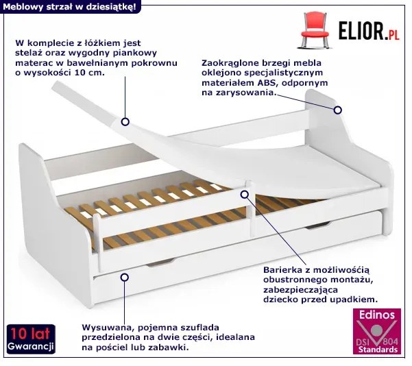 Białe łóżko dziecięce z barierką i szufladą Livorno 3X