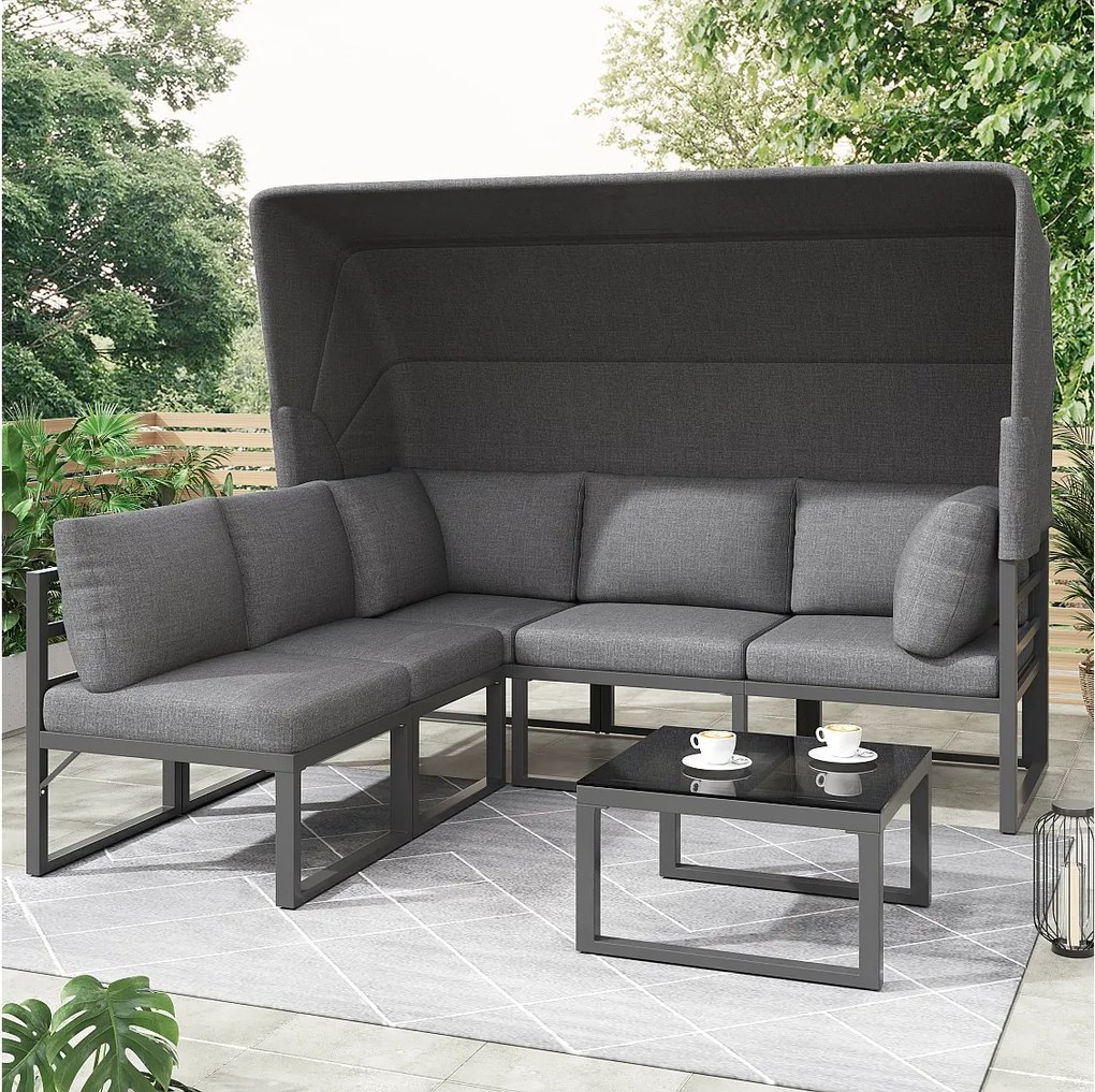 Zestaw mebli ogrodowych metalowych 5-osobowych ze składanym daszkiem przeciwsłonecznym - 1 sofa 3-osobowa + 2 fotele + 1 stolik kawowy - Szary