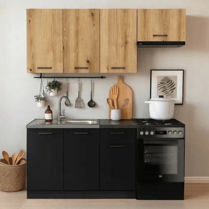 Zestaw Mebli Kuchennych MODERN 170 cm Czarny/Dąb Evoke Loftowy