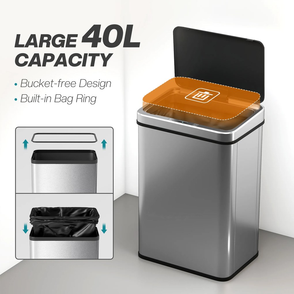 HOMCOM Kosz na śmieci z czujnikiem 40L Stal nierdzewna Automatyczny kosz na śmieci z miękkim zamykaniem 35,5 x 26 x 55 cm Srebrny | Aosom PL