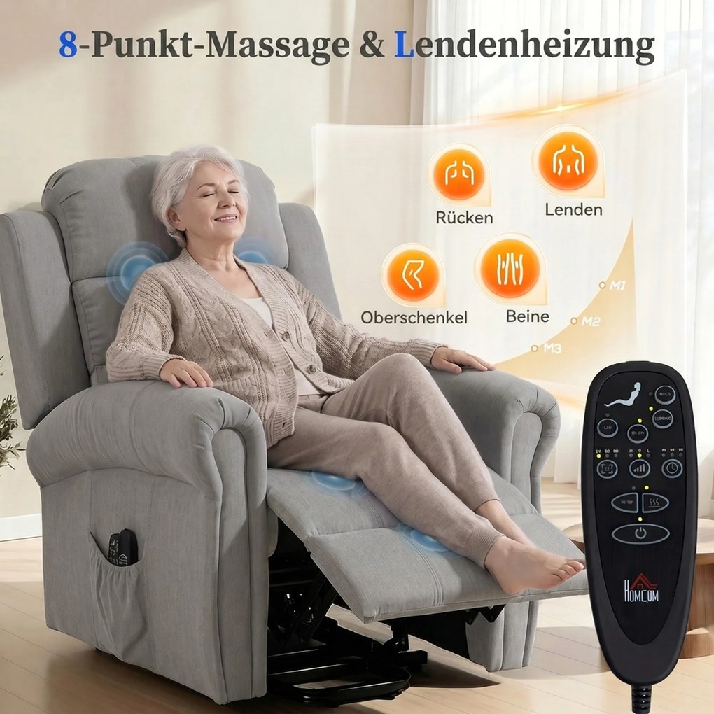 HOMCOM Fotel z funkcją Power-Lift, masażem wibracyjnym i ogrzewaniem, fotel z funkcją podnoszenia, port USB, kieszenie boczne i pilot, jasnoszary | Aosom PL