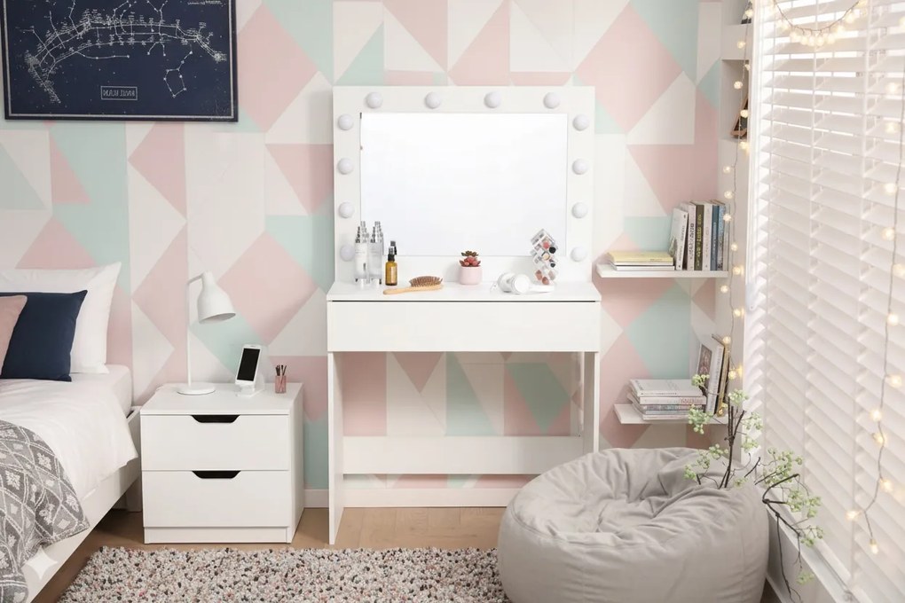 Toaletka z lustrem, oświetleniem i szufladą Claris DT09, biała