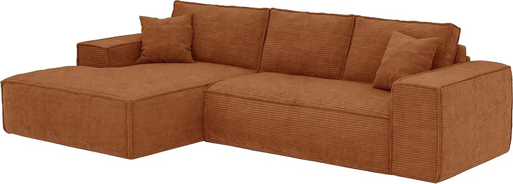 Kanapa narożna lewostronna typu express ze sztruksu w kolorze terakoty - pow. spania 140 cm - Materac 13 cm z pamięcią kształtu - AMELIA