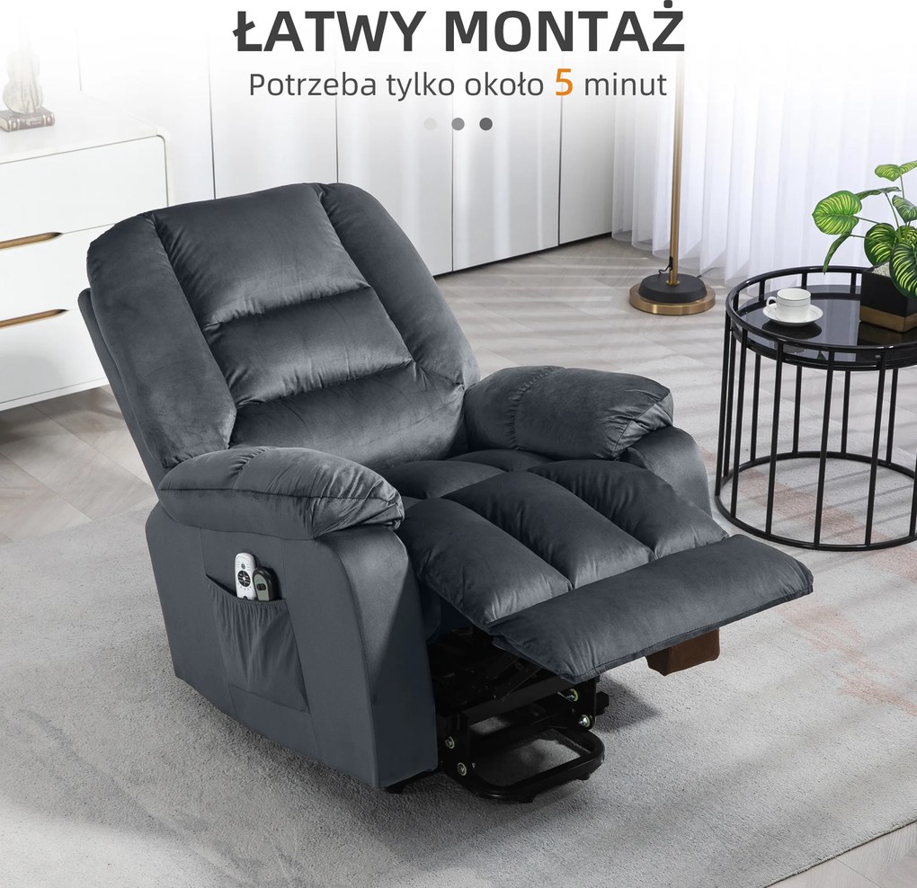 HOMCOM Fotel masażowy dla seniorów z funkcją wstawania 8 punktów masażu szary z bocznymi kieszeniami | Aosom PL