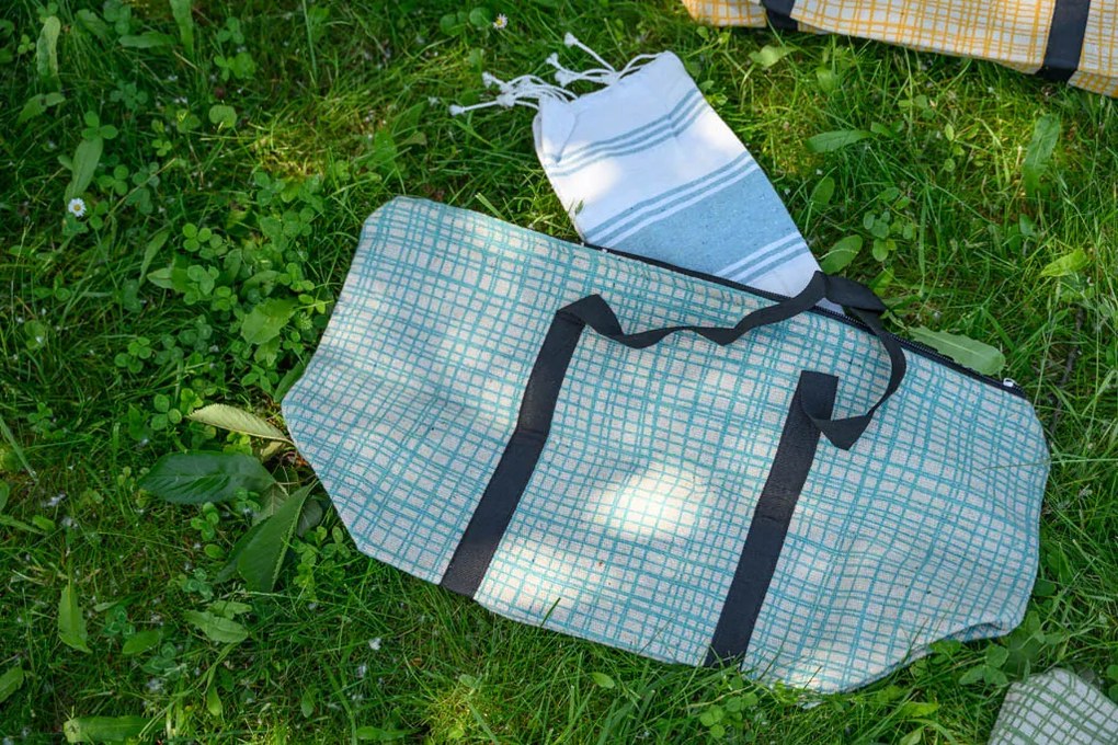 Stylowy zestaw torby plażowej + ręcznika plażowego HAMAM 75x150 cm, turkusowy, 100% bawełna organiczna