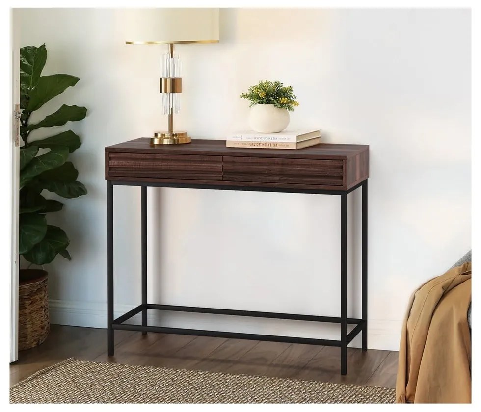 Ciemnobrązowa konsola z blatem w dekorze orzecha 35x90 cm Celine – Støraa