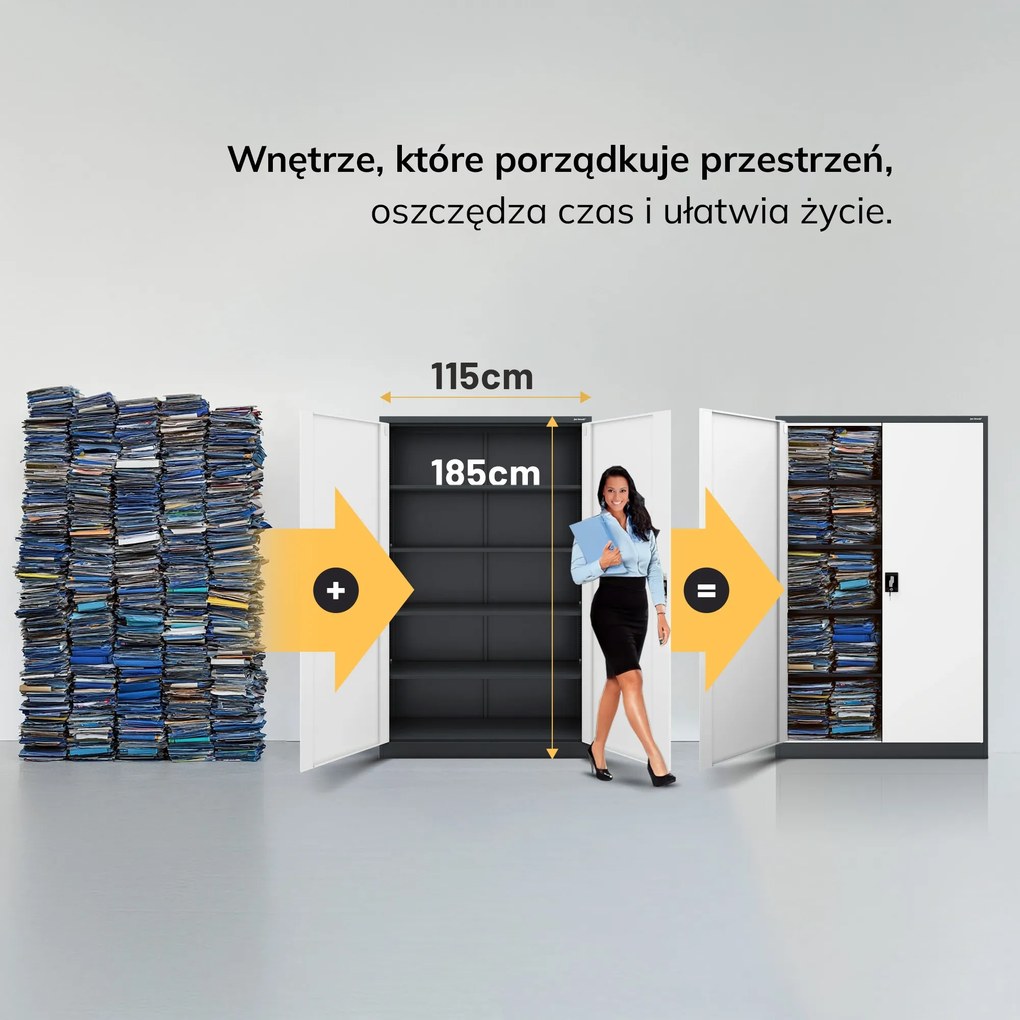 Szafa biurowa metalowa na akta antracytowo-biała JAN II, 1150 x 1850 x 400 mm