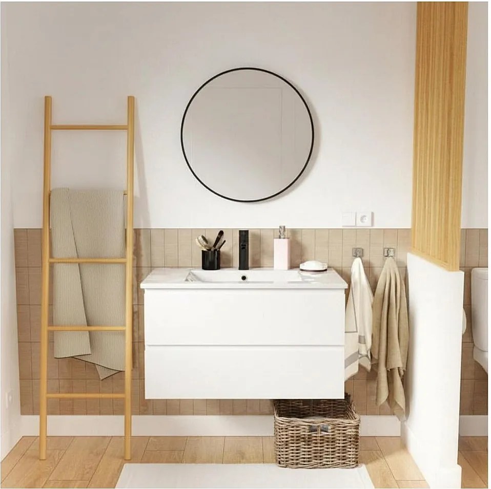 Pojedyncza szafka pod umywalkę 80 cm, wykończenie dębowe, z baterią i lustrem SORRENTO