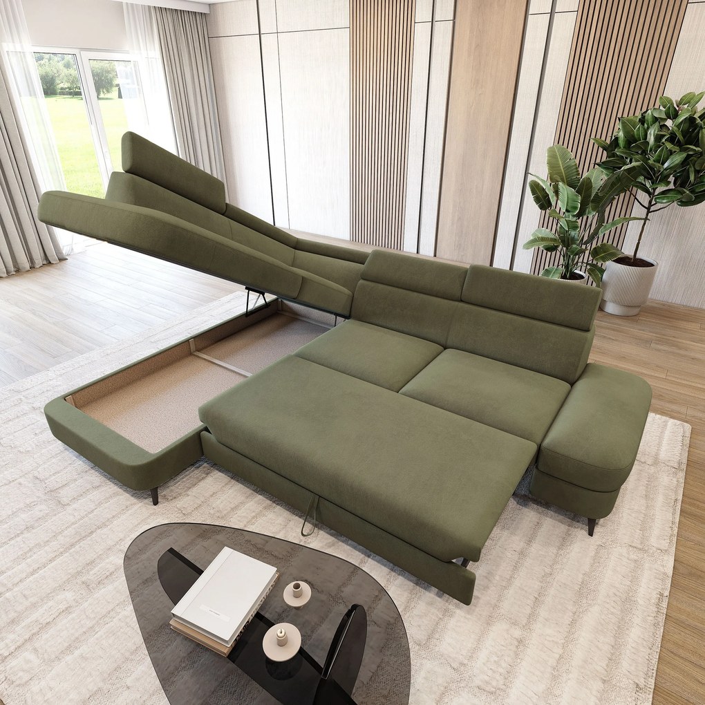 Masseno Narożnik AVISE z funkcją spania i pojemnikiem na pościel Narozniki L, Rozkładana sofa - Zielony, MATT VELVET 38