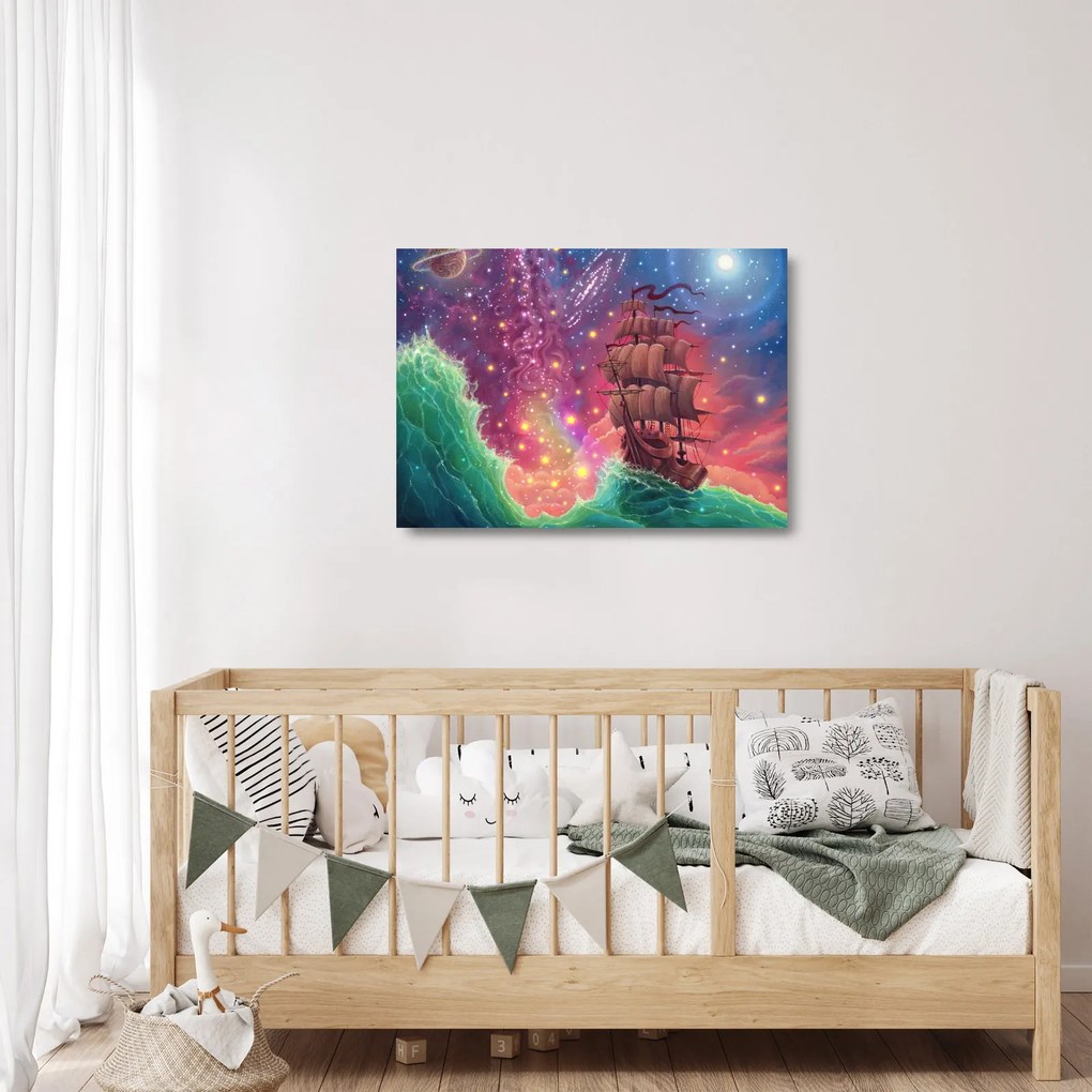 Obraz na szkle - Statek z kosmicznym niebem (70x50 cm)