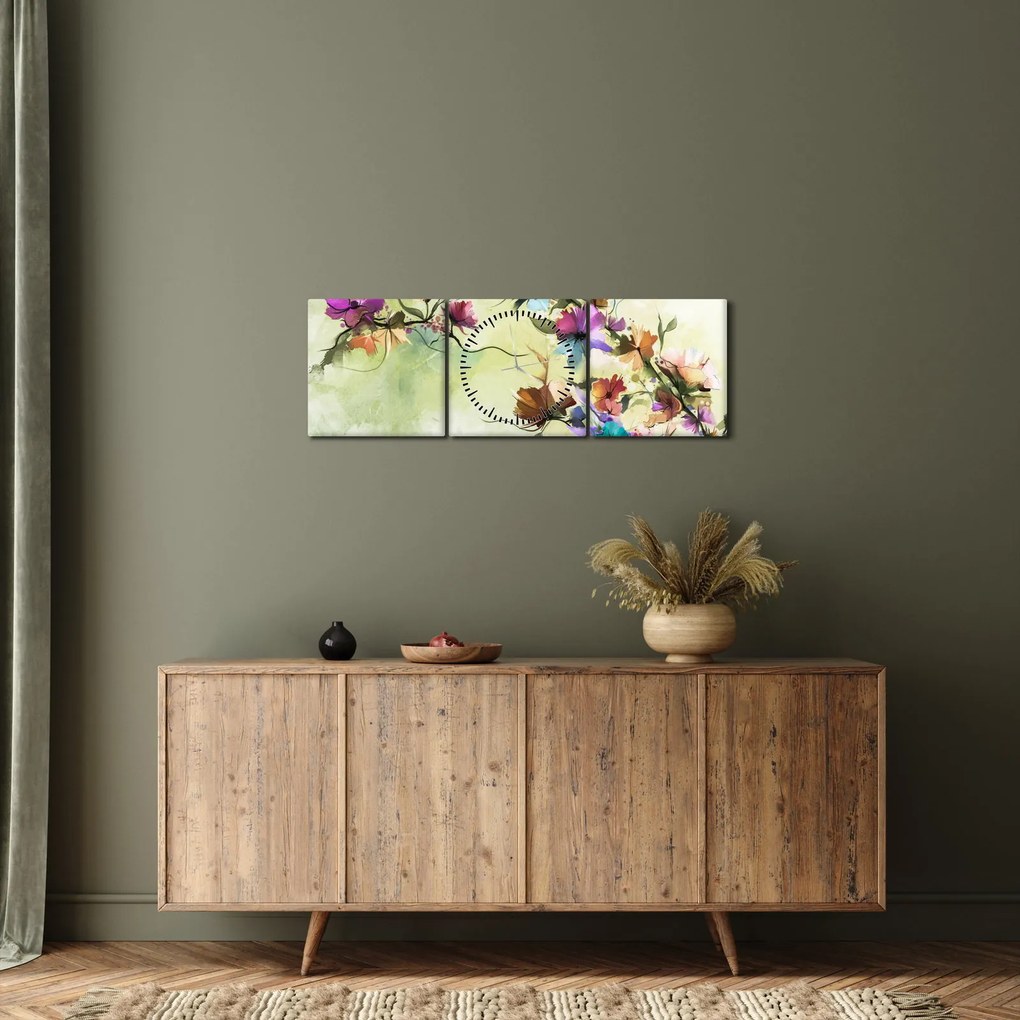 Obraz - malowidło pnącej się kwiaty (z zegarem) (90x30 cm)