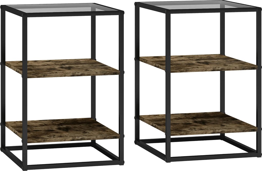 HOMCOM Zestaw 2 Stolików Pomocniczych z Szkła, 3-Poziomy, Metalowa Rama, do Salonu, Sypialni, Brąz