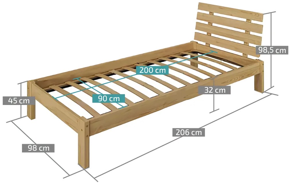 Łóżko PARIS podwyższone 90 x 200 cm, olcha Stelaż: Ze stelażem listwowym rolowanym, Materac: Materac Somnia 18 cm