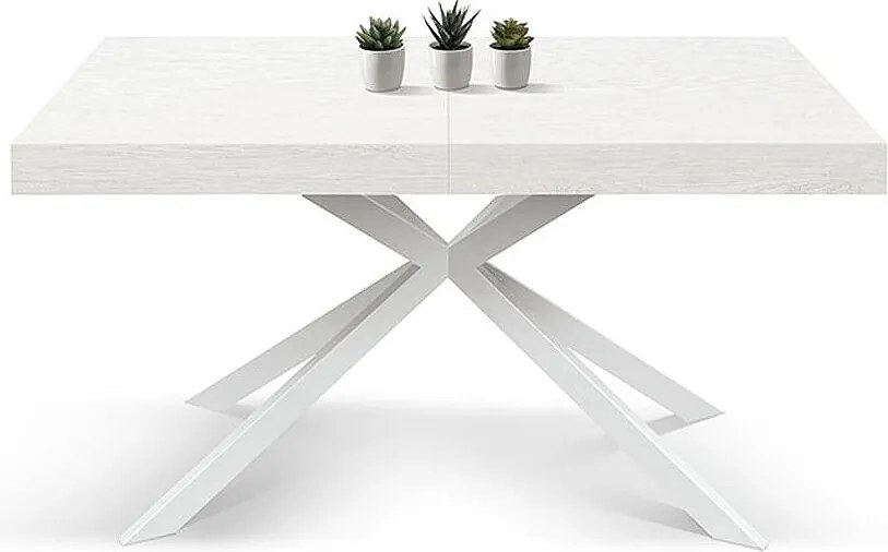 Stół drewniany, wykończenie białe, podstawa w kształcie litery X z białego metalu, 180×90–260×90 - CAMAIORE