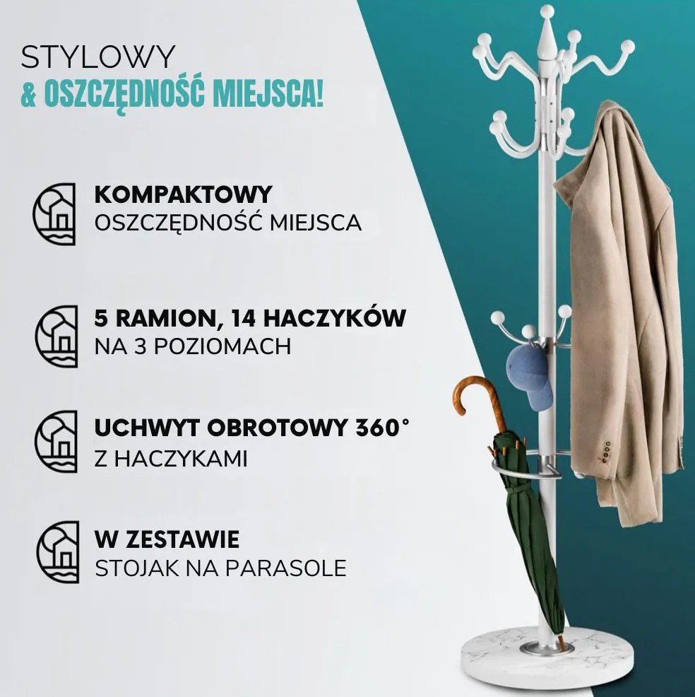 Wieszak stojący TENZY z marmurową podstawą, 37x173 cm, biały Casaria